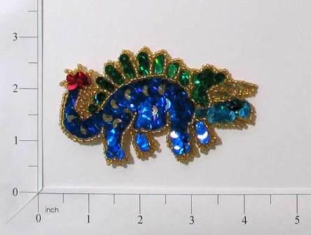 E171 Blue Triceratops Dinosaur Sequin Beaded Applique 4"