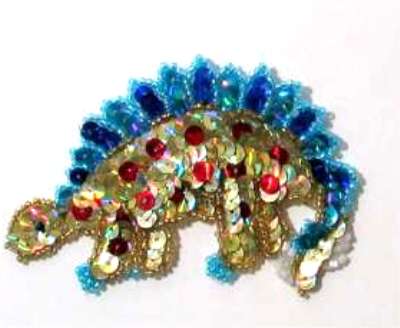 E177   GOLD BLUE DINOSAUR SEQUIN BEADED APPLIQUE 3.5"-dinosaur,applique,sequin,beaded,