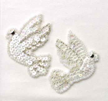 0125  Dove White AB  Mirror Pair Sequin Beaded Appliques 2"-sequin,beaded,applique,dove,white,ab