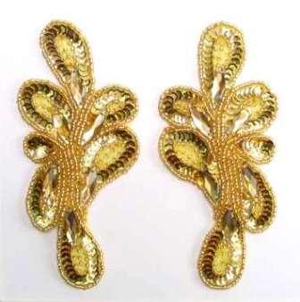 E3406 Gold Mirror Pair Sequin Beaded Appliques 5.25"-gold,sequin,beaded,applique,embellishment,mirror,pair