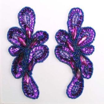 E3406 Purple Mirror Pair Sequin Beaded Appliques 5.25"-purple,sequin,beaded,applique,embellishment,mirror,pair