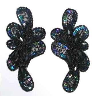 E3406  Black AB Mirror Pair Sequin Beaded Appliques 5.25"-black,sequin,beaded,applique,embellishment,mirror,pair