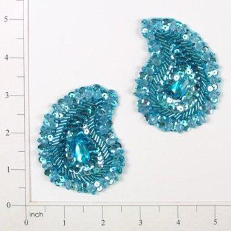 E3430  Turquoise Paisley Pair Sequin Beaded Appliques 3"