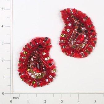 E3430  Red Paisley Pair Sequin Beaded Appliques 3"-red,embellishment,house,paisley,victorian,sewing,clothing,sequin,beaded,bead,sequins,applique,motif,turquoise,trim,trimmings,sewing,beaded,