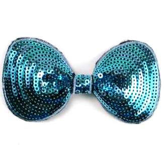 E3438  Blue Sequin Bow  Applique 3.5"-applique,hair,bow,pin,brooch,magnet