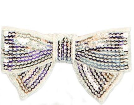 E3440  Silver Sequin Bow Applique 2.75"-applique,hair,bow,pin,brooch,magnet,silver
