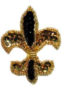 E419S  Small Black Gold Fleur De Leis Beaded Sequin Applique 2.25"