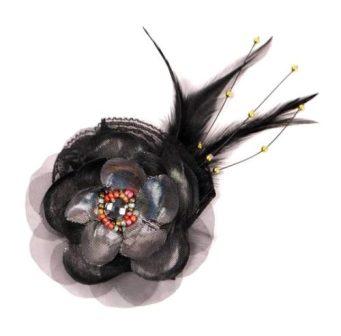 E5983   Black Victorian Feather Brooch / Applique-black,feather,fur,brooch,applique