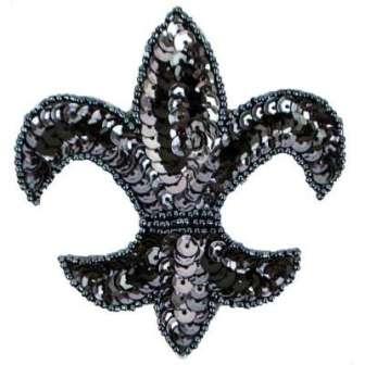 E6020  Gunmetal Fleur De Lis Sequin Beaded Applique 3.5"-applique,fleur,de,lis,sequin