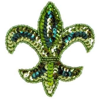 E6020  Green Lime Fleur De Lis Sequin Beaded Applique 3.5"-applique,fleur,de,lis,sequin