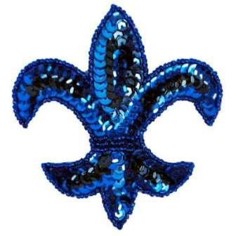 E6020  Blue Fleur De Lis Sequin Beaded Applique 3.5"-applique,fleur,de,lis,sequin