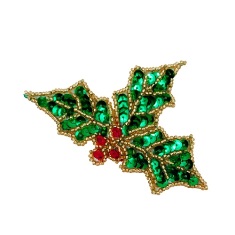 E616xs Holly Leaves With Berries Beaded Sequin Applique 4"
