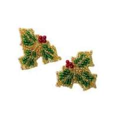 E616xsp Mini Holly Leaves With Berries Beaded Sequin Applique Pair 2"