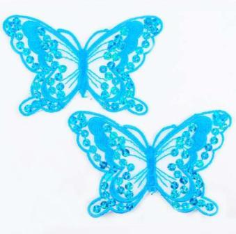 E6324  Set of Two Turquoise Butterfly Embroidered Sequin Appliques 4"