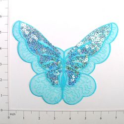 E6326 Lt. Blue Butterfly Embroidered Sequin Applique 6.5"-butterfly,blue,embellishment,embroidered,venise,venice,lace,victorian,sewing,sequin,sequins,applique,motif