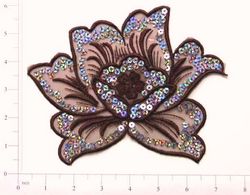 E6338  Brown Rose Embroidered Sequin Applique 6.5"-rose,flower,floral,brown,embellishment,embroidered,venise,venice,lace,victorian,sewing,sequin,sequins,appliques,motif