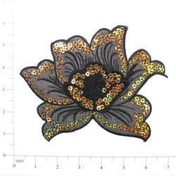 E6338  Black Gold Rose Embroidered Sequin Applique 6.5"-rose,flower,floral,black,gold,embellishment,embroidered,venise,venice,lace,victorian,sewing,sequin,sequins,applique,appliques,motif
