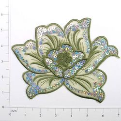 E6338  Olive Green Rose Embroidered Sequin Applique 6.5"-rose,flower,floral,olive,green,embellishment,embroidered,venise,venice,lace,victorian,sewing,sequin,sequins,appliques,motif