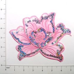 E6338  Pink Rose Embroidered Sequin Applique 6.5"-rose,flower,floral,pink,embellishment,embroidered,venise,venice,lace,victorian,sewing,sequin,sequins,applique,motif