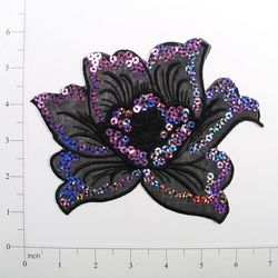 E6338  Black Lavender Pink Rose Embroidered Sequin Applique 6.5"-rose,flower,floral,pink,embellishment,embroidered,venise,venice,lace,victorian,sewing,sequin,sequins,applique,appliques,motif