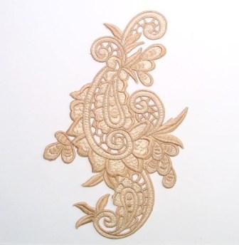 E645  Beige Paisley Embroidered Iron On Applique 9.5"-scroll,paisley,flower,floral,beige 