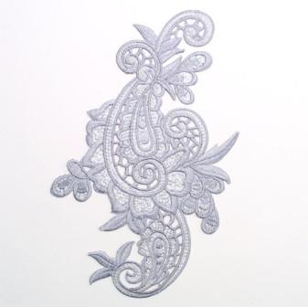 E645  Gray Paisley Embroidered Iron On Applique 9.5"-scroll,paisley,flower,floral,gray 