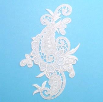 E645  White Paisley Embroidered Iron On Applique 9.5"-scroll,paisley,flower,floral,white, 