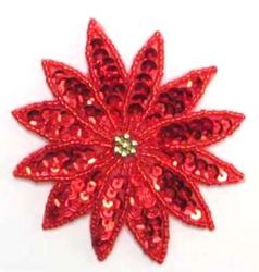 E730 Red Poinsettia Beaded Sequin Applique 2.75"