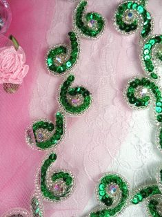 T8136 Green Silver Rhinestone Curl Sequin Beaded Trim