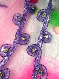 T8136  Lavender Crystal Rhinestone Curl Sequin Beaded Trim