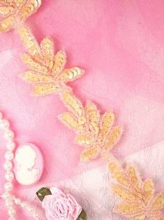T8633 Pink Peach Leaf  Vine Sequin Beaded Trim