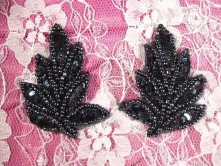 T8633 Gunmetal Leaf Sequin Beaded Appliques 2"-gunmetal,pair,mirror,trim,leaves,leaf,trimmings,embellishment,sequin,beaded,beads,applique,trim,motif,ivory,victorian,elegant,