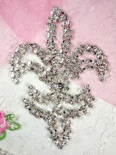 TS13 Silver Crystal Clear Fleur De Lis Rhinestone Applique Embellishment 4.25"