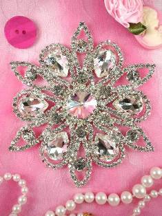 TS25 Silver Crystal Clear Rhinestone Applique Embellishment 4"