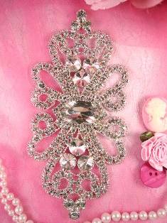 TS26 Silver Crystal Clear Rhinestone Applique Embellishment 6"