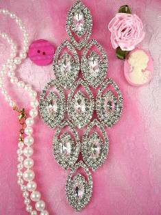TS27 Silver Crystal Clear Rhinestone Applique Embellishment 6"