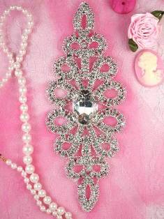 TS28 Silver Crystal Clear Rhinestone Applique Embellishment 6"