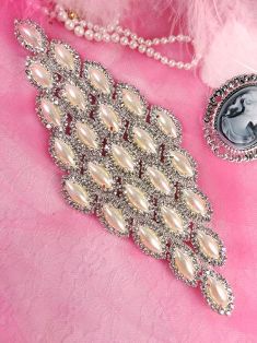 TS40 Silver Crystal Clear Pearl Rhinestone Applique Embellishment 8.25"