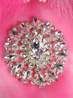 TS50 Floral Silver Crystal Clear Rhinestone Applique Embellishment 3.75"