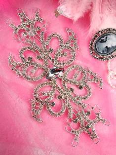 TS52 Floral Silver Crystal Clear Rhinestone Applique Embellishment 9.25"