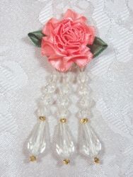 VD1  Peach Ivory Floral Dangle Beaded Applique 3"-applique,beaded,peach,ivory,floral,rose,dangle, 