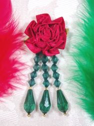 VD1  Red Green Floral Dangle Beaded Applique 3"-red,green,floral,rose,dangle,beaded,applique, 