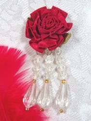 VD1  Red Ivory Dangle Beaded Applique 3"-applique,beaded,red,floral,rose,dangle, 