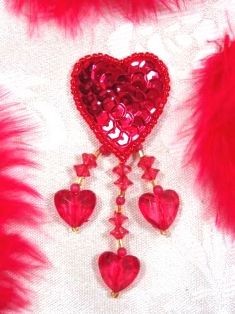 VD12  Red Heart Dangle Beaded Applique 2.75"-applique,heart,red,dangle,beaded, 