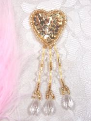 VD13  Gold Heart  Dangle Beaded Applique 3"-gold,heart,dangle,beaded,applique, 