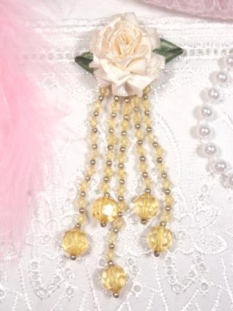 VD21  Ivory/Gold Floral Dangle Beaded Applique 4"-applique,beaded,ivory,gold,floral,rose,dangle, 