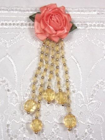 VD21  Peach/Gold Floral Dangle Beaded Applique 4"-applique,beaded,peach,gold,floral,rose,dangle, 