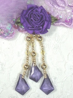 VD25  Purple Floral Gold Dangle Beaded Applique 3"