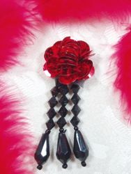 VD11  Red  Black Floral Dangle Beaded Applique 3"-applique,beaded,red,floral,rose,dangle, 