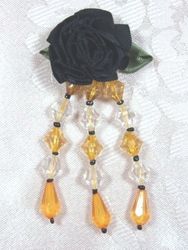 VD7  Black  W/ Gold Floral Dangle Beaded Applique 3"-applique,beaded,pink,floral,rose,dangle, 